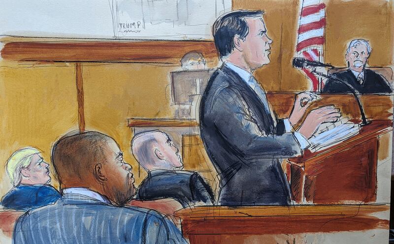 Donald Trump’s lawyer Todd Blanche, standing right centre, gives his summation to the jury (Elizabeth Williams via AP)