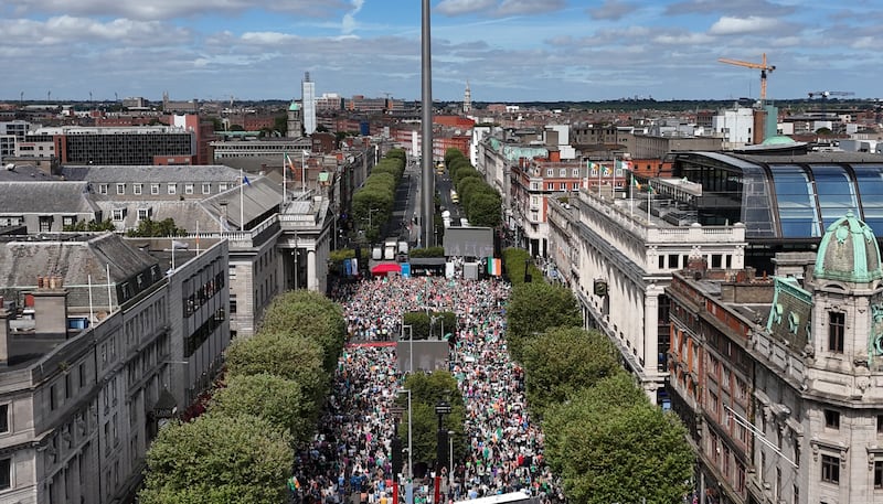 Thousands of people gathered along Dublin’s main thoroughfare to welcome the athletes home