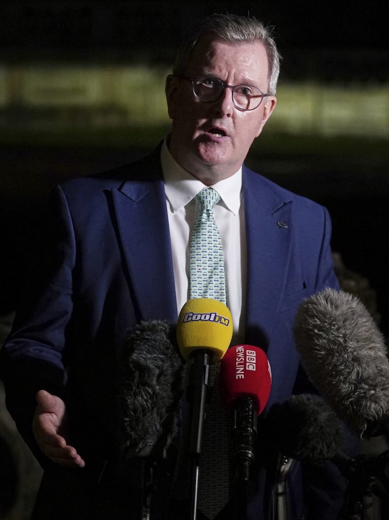 DUP leader Sir Jeffrey Donaldson speaking outside Brownlow House following a meeting of the DUP&#39;s ruling executive in Lurgan, Co Armagh 