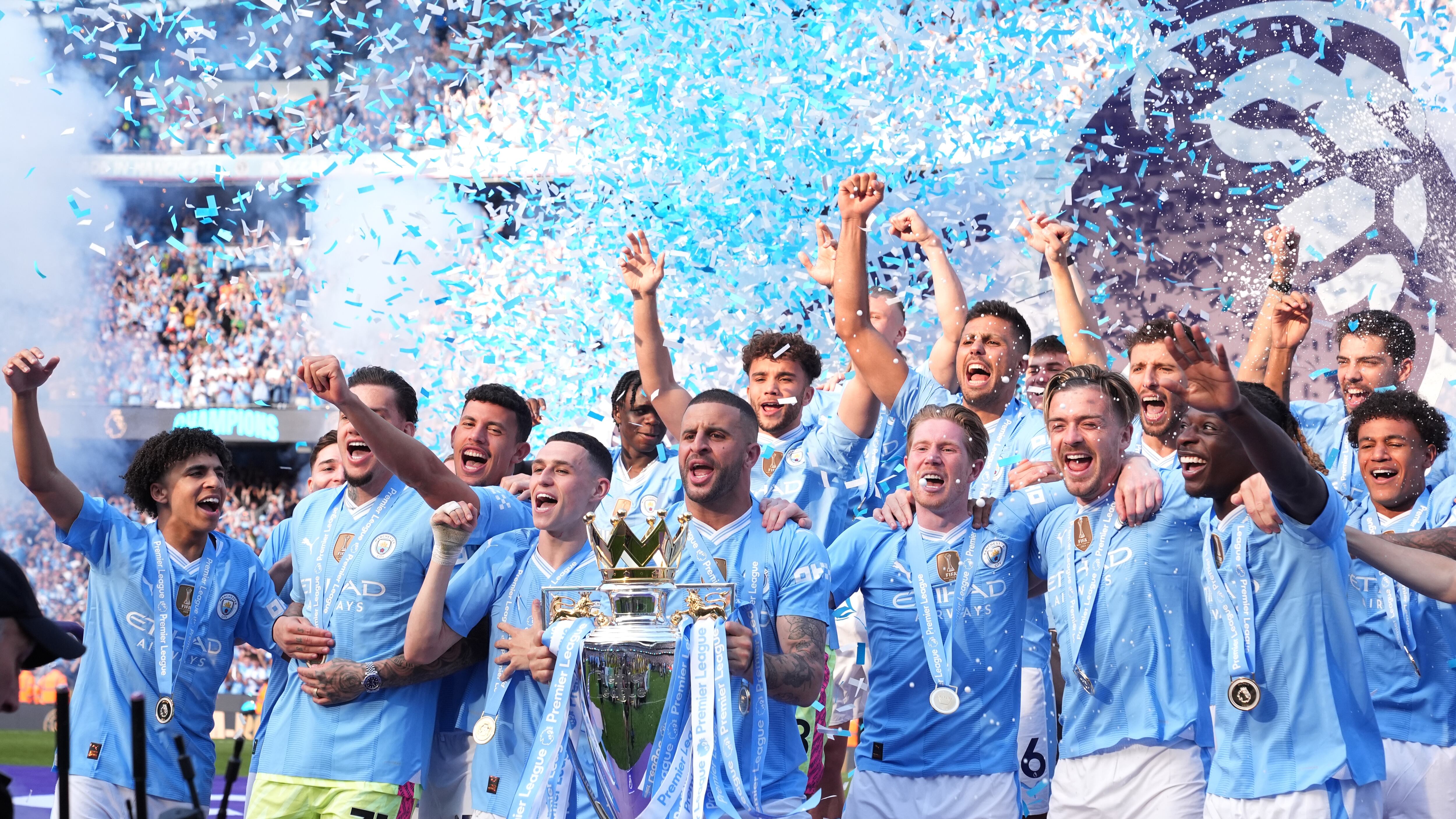 Manchester City lifted the Premier League trophy for a fourth straight season