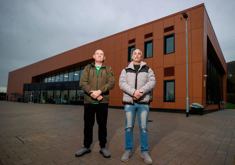 Former republican Patrick “Muck” Muckian (left) and loyalist prisoner Lewis Lyttle who both served time in the Maze during the Troubles are working together at Black Mountain Shared Space (BMSS) to tell their stories in a cross-community reconciliation project at a former interface area along the Belfast Peace Wall’s in west Belfast. PA Photo. Picture date: Thursday January 05 2024. See PA story ULSTER Reconciliation. Photo credit should read: Liam McBurney/PA Wire