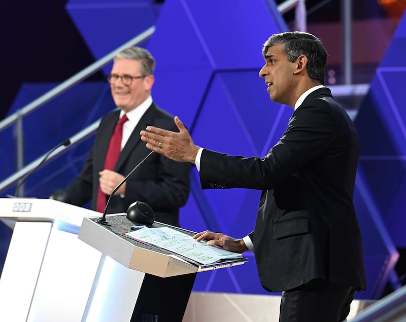 Prime Minister Rishi Sunak and Labour leader Sir Keir Starmer during their BBC head-to-head debate ahead of the July 4 General Election (Jeff Overs/BBC)