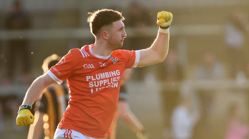 Adam Kelly celebrates the goal that helped take Clann Eireann into the Armagh SFC final. Picture: John Merry