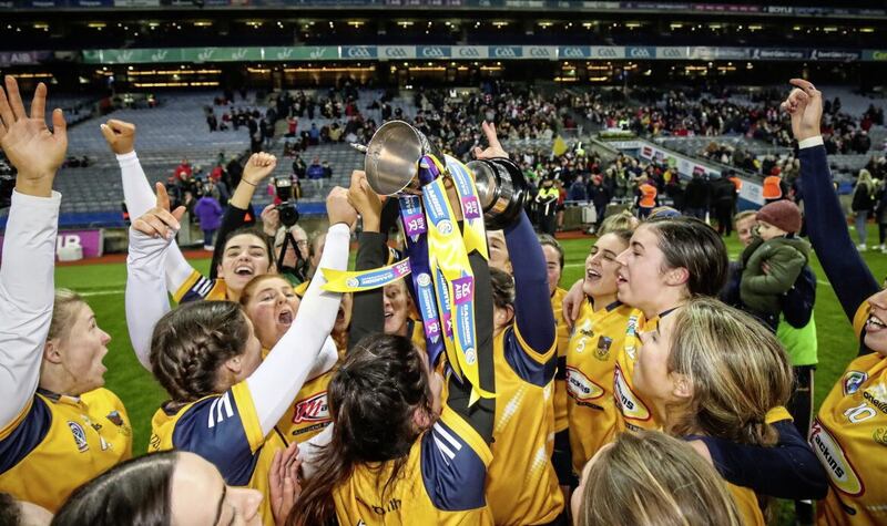 Clonduff celebrate winning the AIB All-Ireland Intermediate Camogie Final. Pic: INPHO/Evan Treacy. 