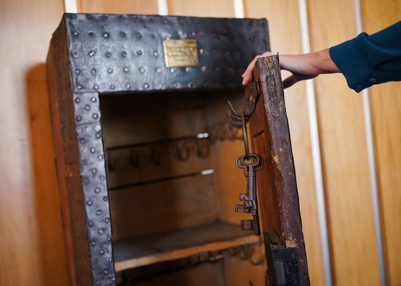 A warder’s key cupboard dated 1903, complete with a set of chunky keys, was removed from Newgate Prison