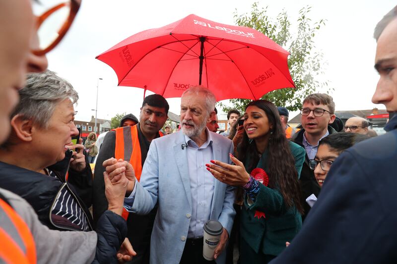 Then Labour leader Jeremy Corbyn, with Labour Party parliamentary candidate for Chingford and Woodford Green Faiza Shaheen