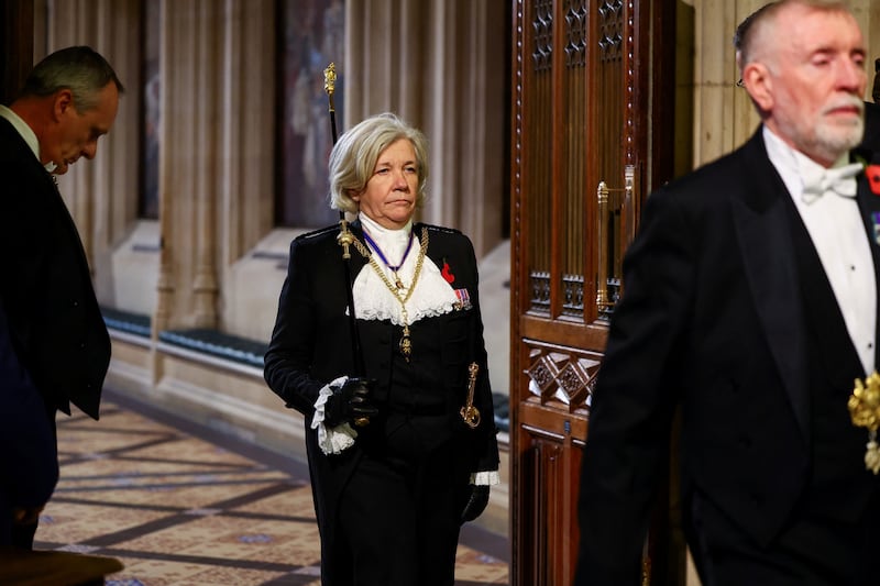 Black Rod Sarah Clarke, stands in the Members’ Lobby at the Palace of Westminster