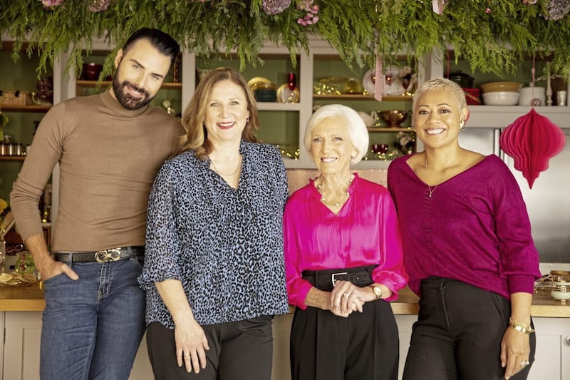 Enjoying Christmas with Mary Berry are, pictured from left, Rylan Clark, Angela Hartnett and Monica Galetti 