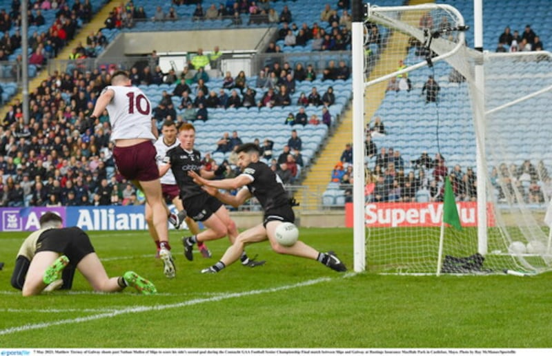 Matthew Tierney scores Galway's second goal in their Connacht SFC win over Sligo    Picture: Sportsfile