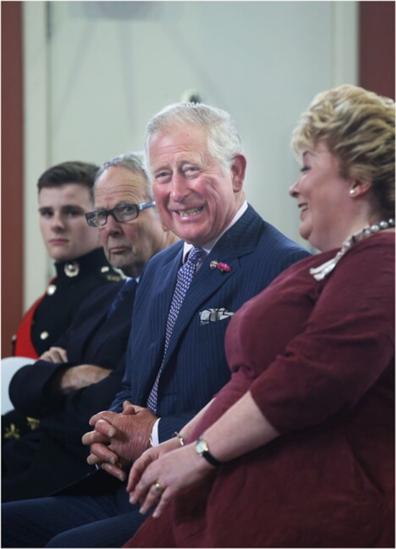 Fionnuala Jay-O'Boyle with the then-prince Charles during a visit to Belfast in 2018