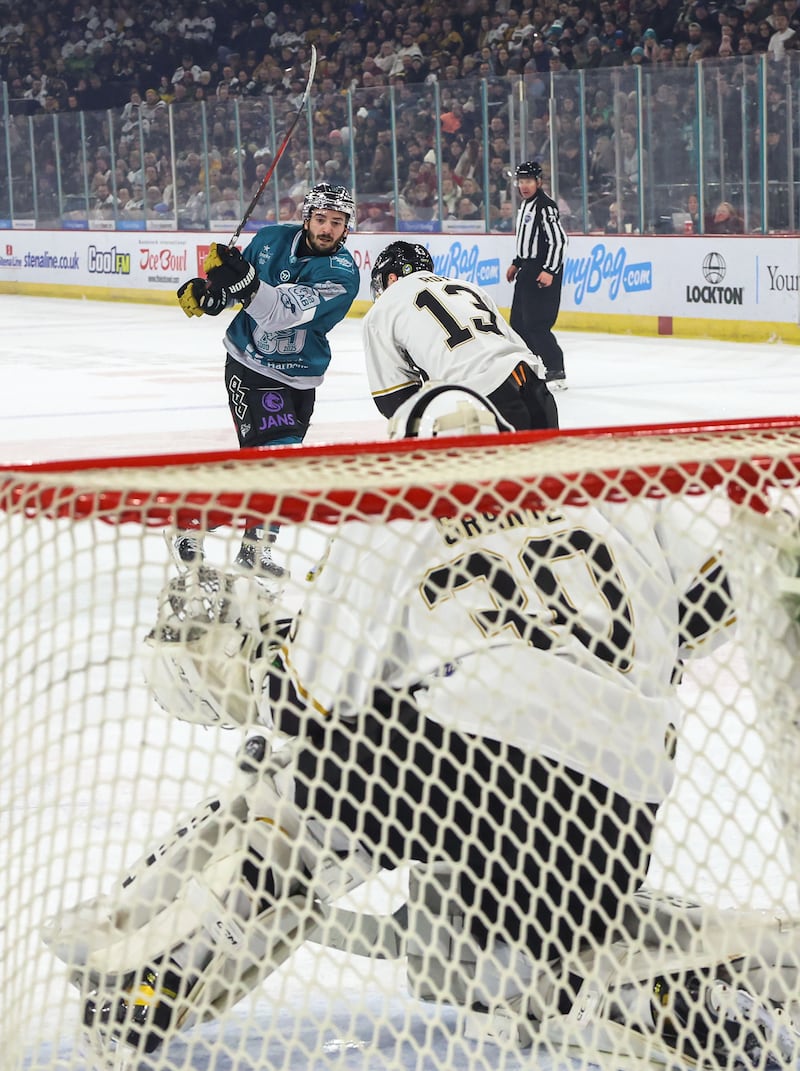 Belfast Giants’ Jeff Baum scoring against the Nottingham Panthers