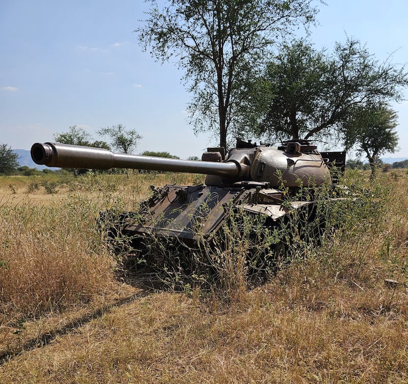 An abandoned tank in a field in Sudan