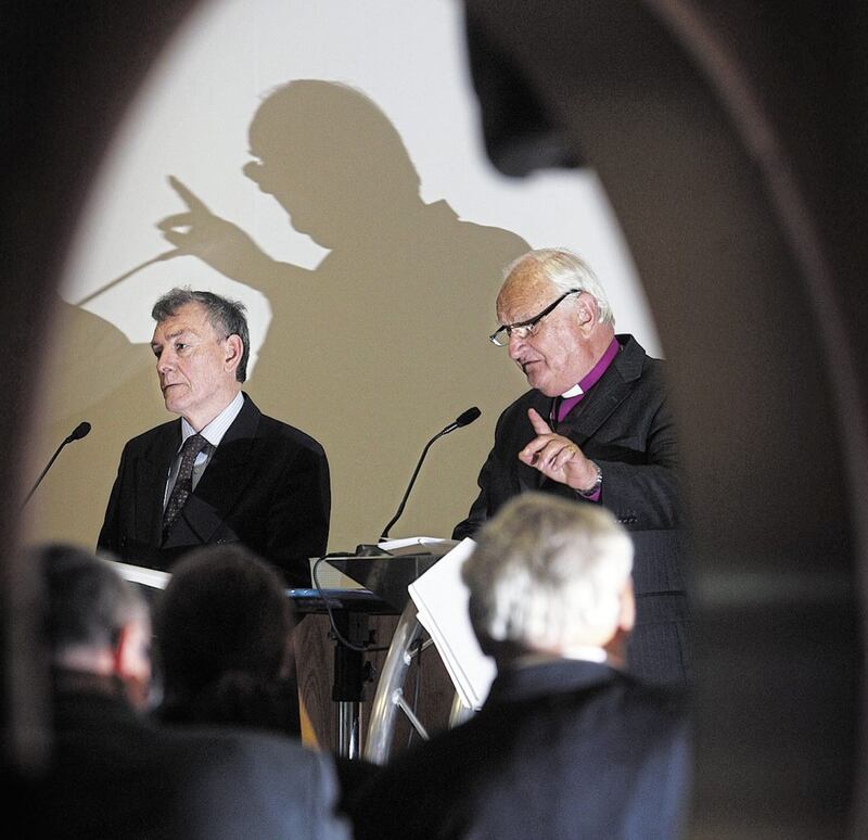 Denis Bradley and Robin Eames, co-chairs of the Consultative Group on the Past, speaking at the launch of their interim report in 2009. Photo: Mal McCann 