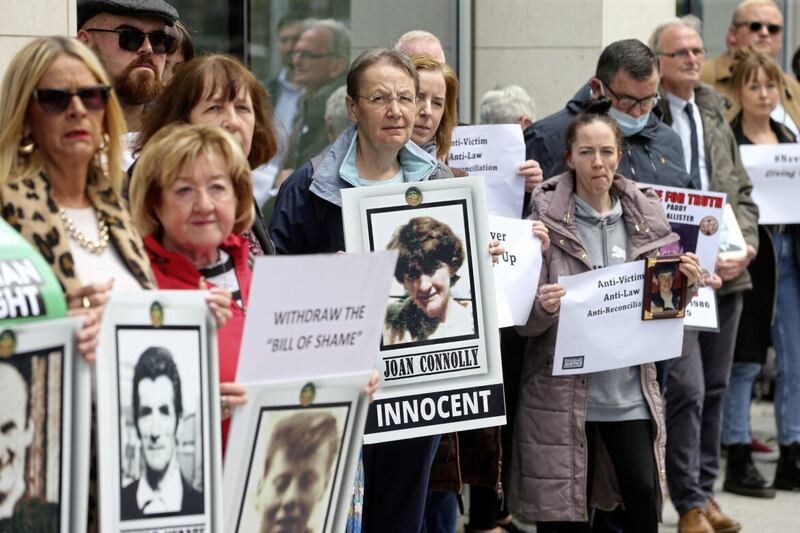 Families protest outside the Northern Ireland Office in Belfast city centre against the Northern Ireland Troubles (Legacy and Reconciliation) Bill passing through parliament. Picture by Mal McCann 