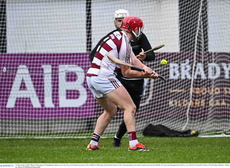 Mark McGuigan of Sleacht Neill shoots just over the bar in the final moments of the AIB GAA Hurling All-Ireland Senior Club Championship semi-final match against Sarsfields of Cork.