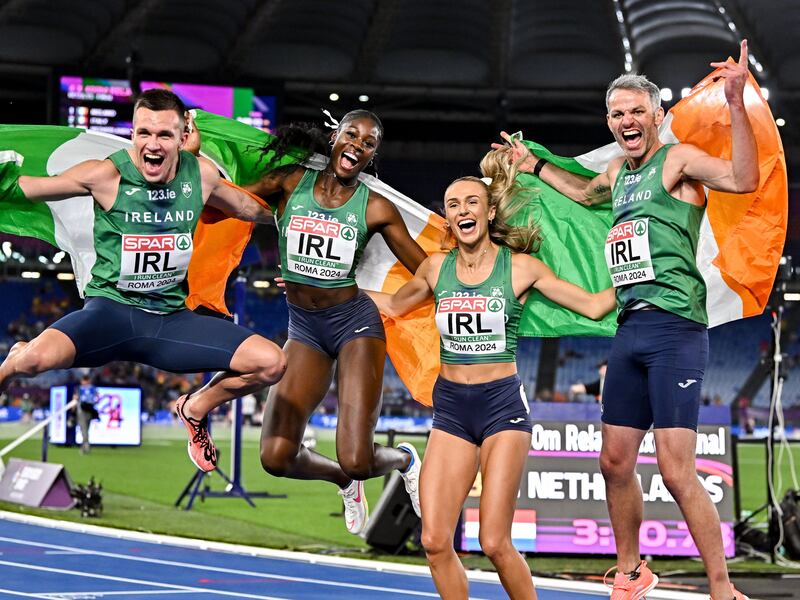 Ireland 4x400m relay team, from left, Chris O'Donnell, Rhasidat Adeleke, Sharlene Mawdsley and Thomas Barr celebrate after winning the Mixed 4x400m Relay final during day one of the 2024 European Athletics Championships at the Stadio Olimpico in Rome, Italy. Photo by Sam Barnes/Sportsfile