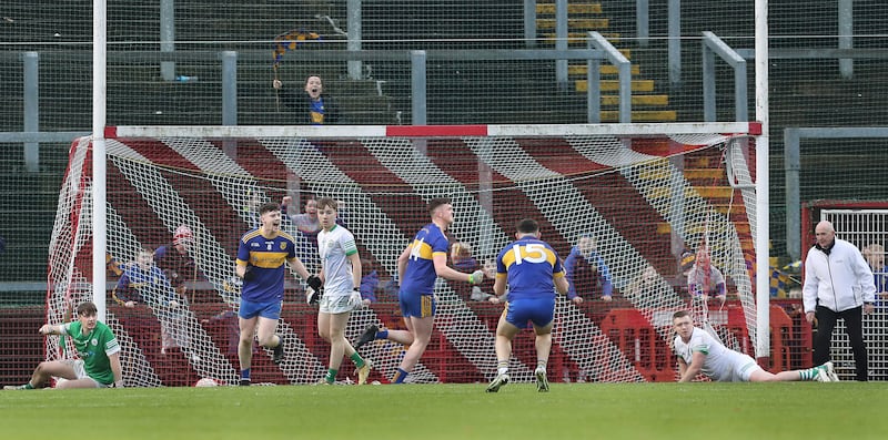 Naomh Padraig Kevin Lynch (14) wheels away to celebrate a goal against Craigbane during the Ulster Junior Club Football Championship final played at Celtic Park Derry on Saturday 23rd November 2024. Picture Margaret McLaughlin