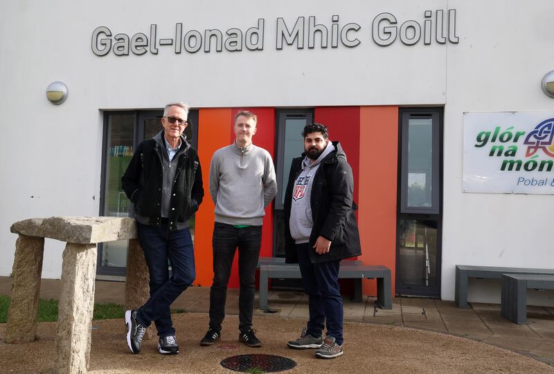 Fred P Rooney,  Eoghan O Garmaile and Khalid El-Astal at Glor na Mona in west Belfast. PICTURE: MAL MCCANN