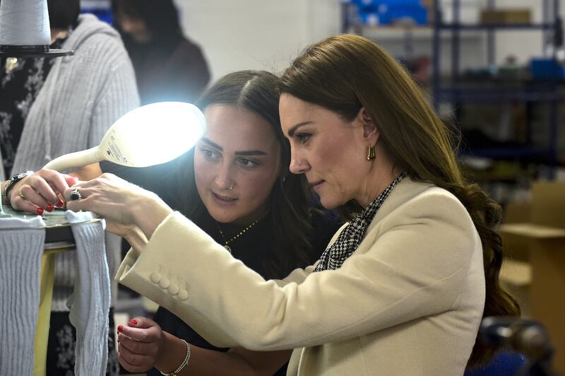 The Princess of Wales during a visit to Corgi, a textiles manufacturer