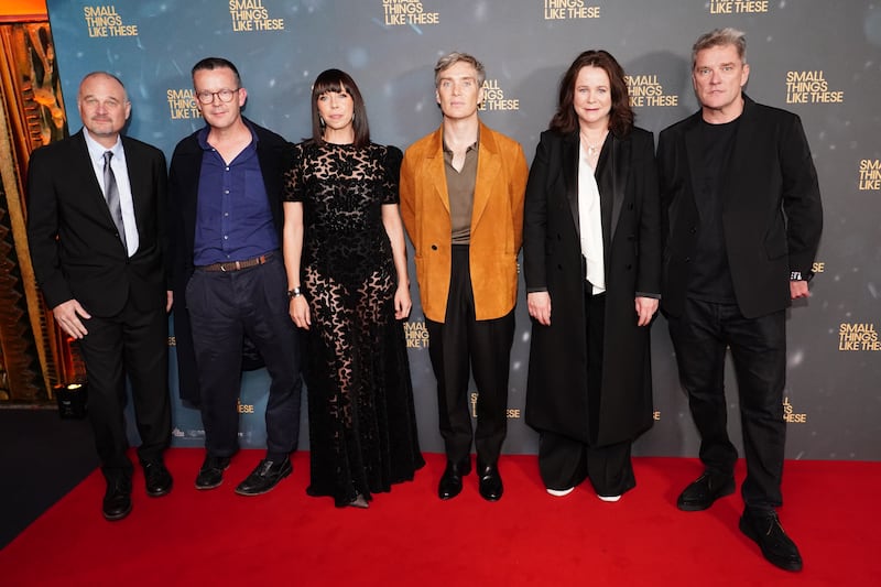 Drew Vinton, Enda Walsh, Eileen Walsh, Cillian Murphy, Emily Watson and Alan Moloney attend the Small Things Like These UK premiere at the Curzon Mayfair