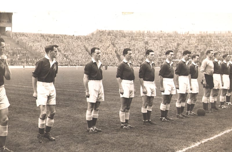 Harry Gregg pictured at football grounds, 3rd from the right, as part of the Northern Ireland team, c.1958.