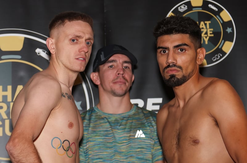 Kurt Walker  and Rudy Garcia  weigh in for the undercard of  Padraig McCrory’s fight against  Leonard Carrillo on Friday in Belfast.
PICTURE COLM LENAGHAN