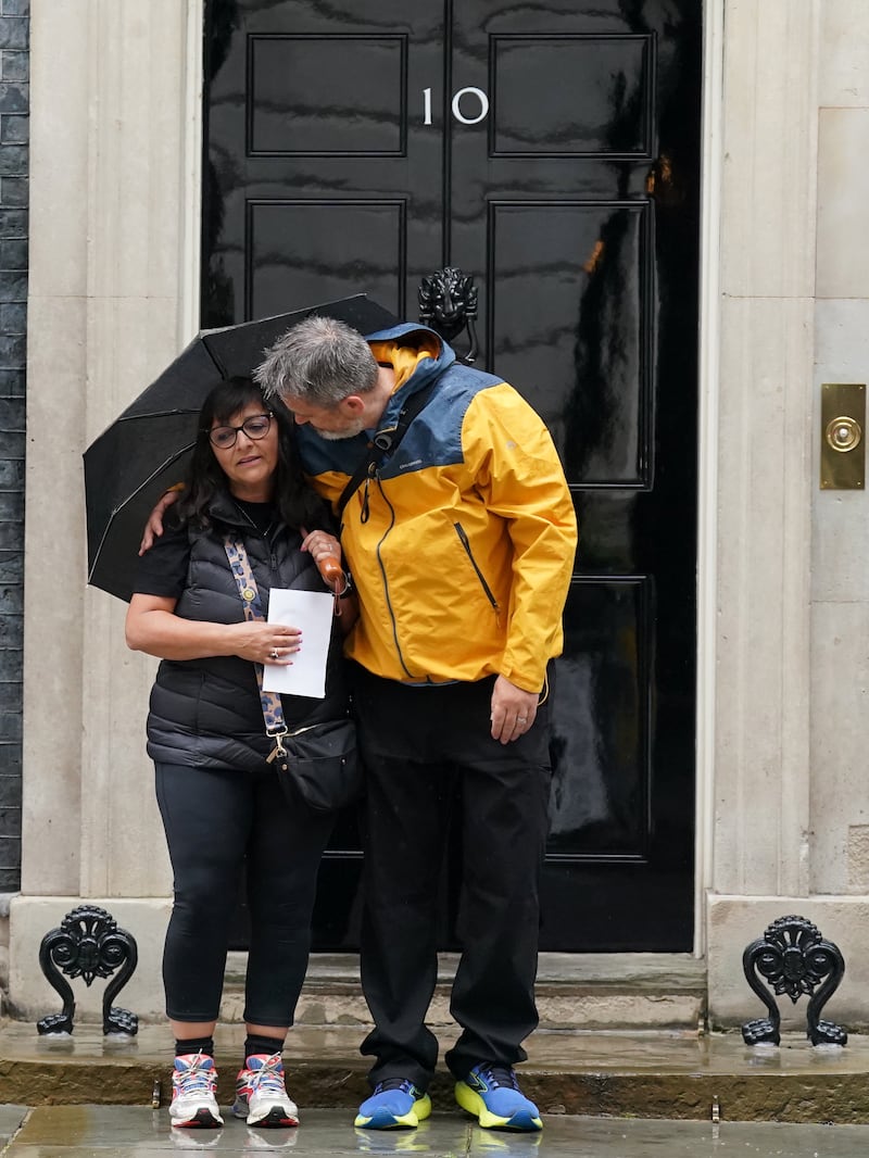 Figen Murray, mother of Martyn Hett, arrives in Downing Street with her husband Stuart to hand in a letter about Martyn’s Law to Number 10