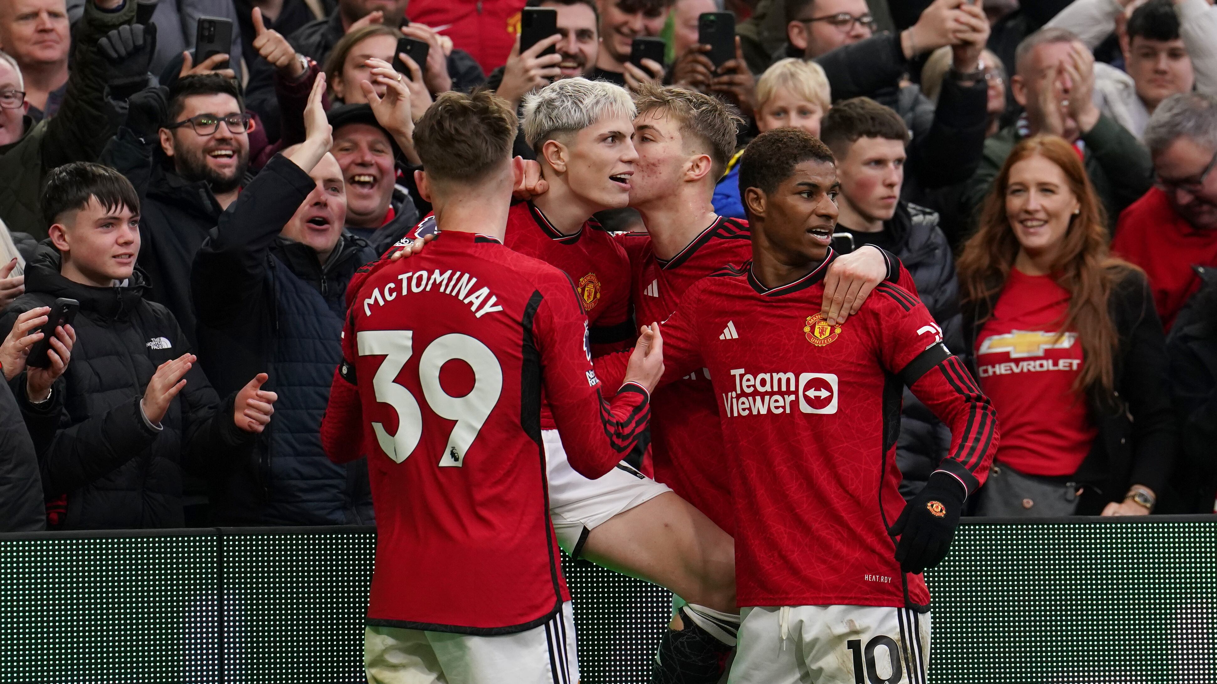 Scott McTominay, left, Alejandro Garnacho, second left, and Marcus Rashford, right, were among Manchester United’s academy contingent