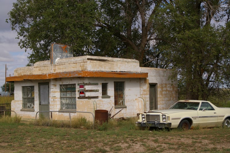 Abandoned diner in the ghost town of Glenrio, Texas