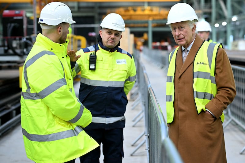 The King meets workers during a visit to SeAH Wind’s XXXL offshore turbine base factory at Teesside’s Freeport