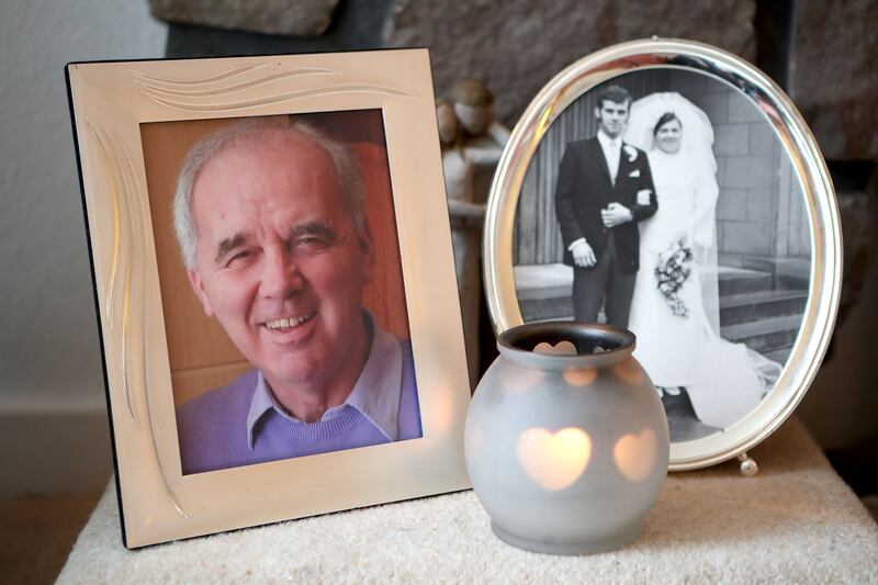 A wedding photograph of Amanda and Frank Kopel on their wedding day and a portrait of the late Frank Kopel, taken in 2012