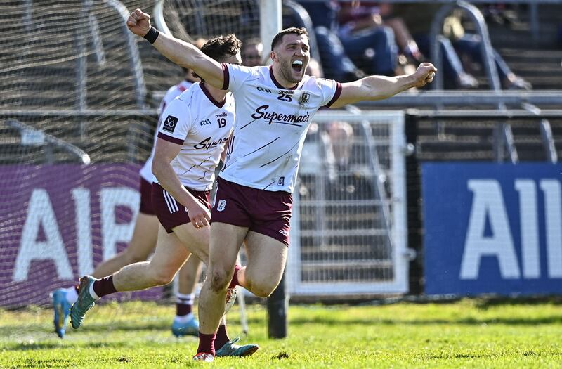 Damien Comer of Galway celebrates after team-mate Robert Finnerty, not pictured, scored their side's first goal during the Connacht GAA Football Senior Championship semi-final match between Sligo and Galway at Markievicz Park in Sligo