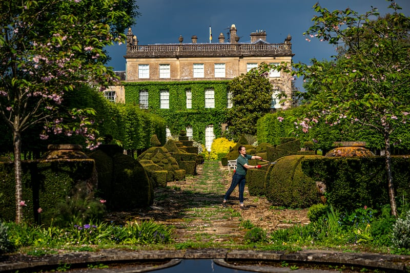 A gardener tends to topiary bushes in the gardens of Highgrove in Gloucestershire