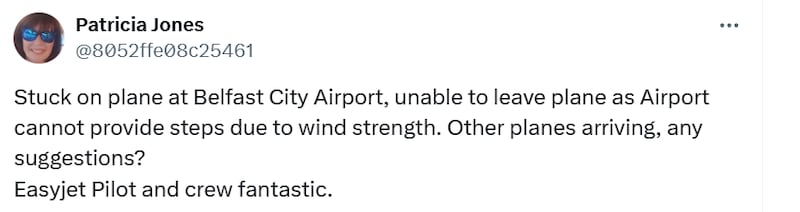 Some passengers at Belfast City Airport have said they were stuck on planes due to the high winds on Sunday. PICTURE: TWITTER