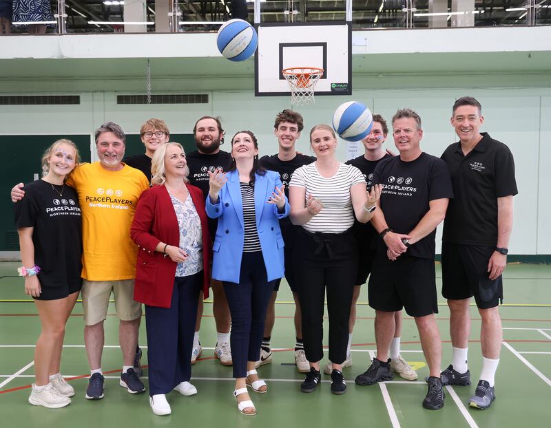 Deputy First Minister Emma Little Pengelly and Junior Ministers Aisling O'Reilly and Pam Cameron visit the Peace Players basket ball teams playing in the Queens PEC Centre in Belfast. PICTURE: MAL MCCANN