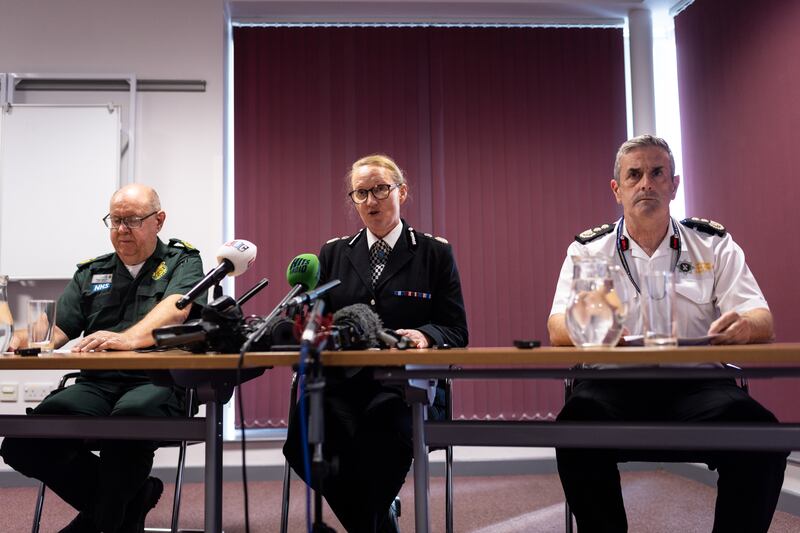 (left to right) Merseyside Head of Service Dave Kitchin, Merseyside Police Chief Constable Serena Kennedy, MFRS Chief Fire Officer Phil Garrigan and NWAS Cheshire, speaking to the media