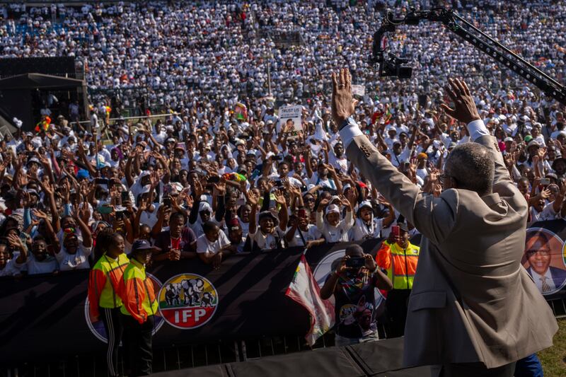 The leader of Inkatha Freedom Party, Velenkosi Hlabisa, waves to the crowd during an election rally in Richards Bay, near Durban, at the end of May (Emilio Morenatti/AP)