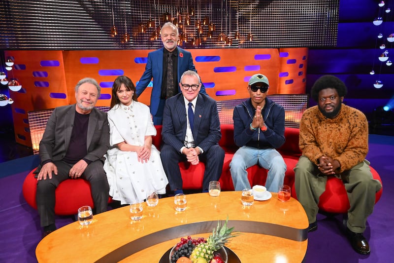 Billy Crystal, Emily Mortimer, Hugh Bonneville, Pharrell Williams and Michael Kiwanuka with host Graham Norton