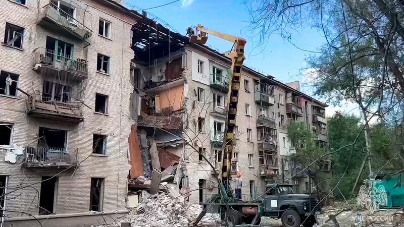 An apartment building damaged in a Ukrainian missile attack on Luhansk, the capital of Russian-controlled Luhansk region, eastern Ukraine (Russian Emergency Ministry/AP)