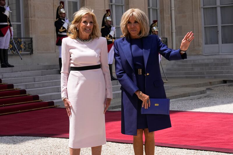 First Lady Jill Biden Brigitte Macron greeted the crowds at the Elysee Palace in Paris (AP)