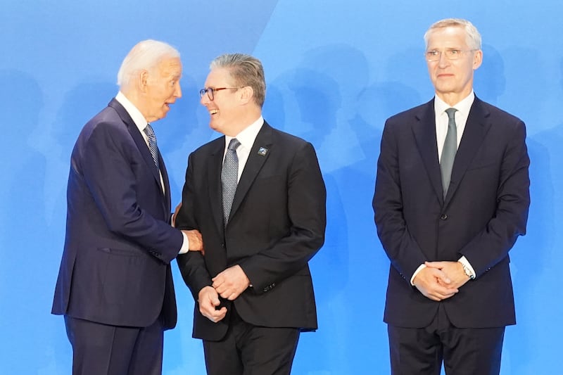 Prime Minister Sir Keir Starmer is greeted by US President Joe Biden and Nato secretary general Jens Stoltenberg as he arrives at the Nato 75th anniversary summit