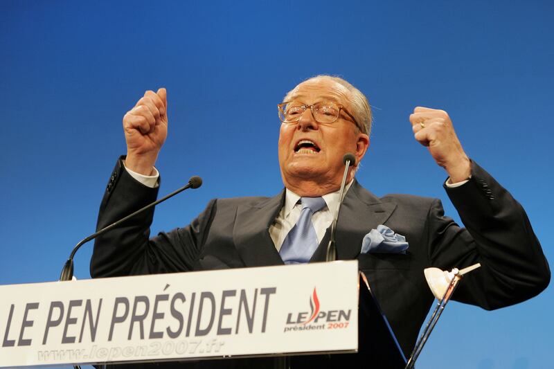 Jean-Marie Le Pen gestures as he delivers a speech in Paris (Michael Sawyer/AP)