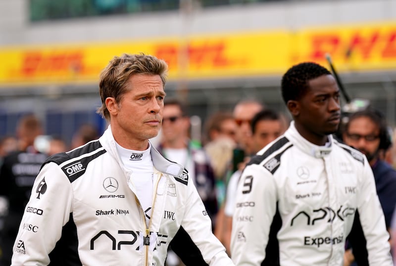 Brad Pitt and Damson Idris filming for their formula one movie during the British Grand Prix 2023