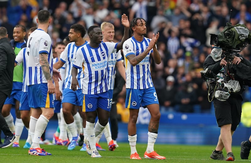 Brighton striker Joao Pedro, right, celebrates after the final whistle following the 2-1 victory over Manchester United