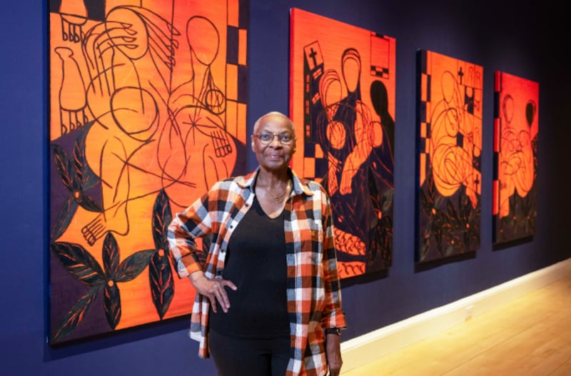 Everlyn Nicodemus with works from her new series, Lazarus Jacaranda (2022–24), which was created for the exhibition