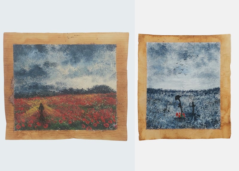 (from left to right) Mrs West’s tea bag paintings called Echoes Amongst the Poppies and Where Heroes Lay, respectively