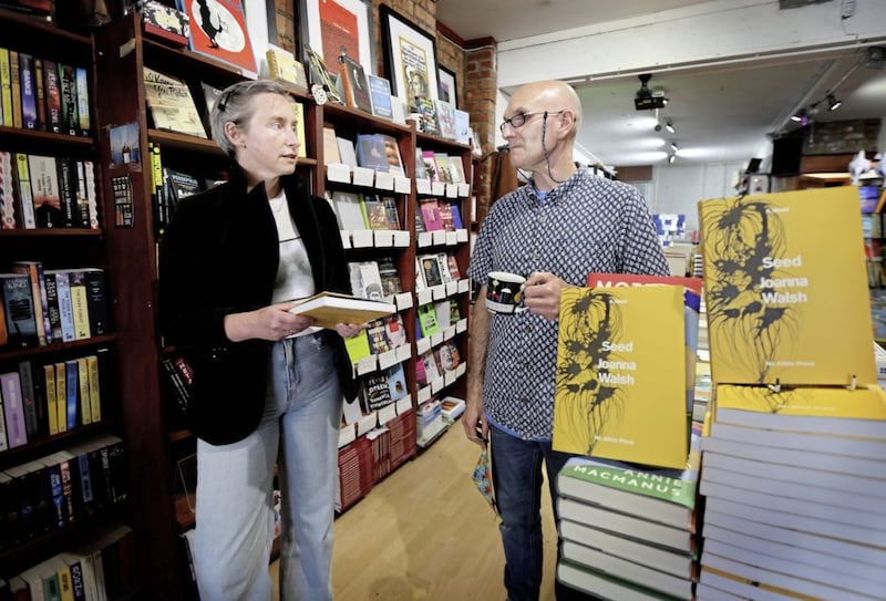 Joanna Walsh with David Torrans at No Alibis in Belfast. Joanna will be appearing at the Belfast Book Festival on June 10