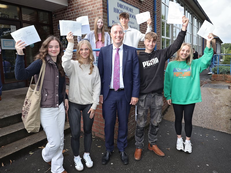 Education Minister Paul Givan pictured at Dromore High School with pupils Jane McKibben, Robyn Waller, Abbey Thompson, Max Cantlay, William Smith and Mia Hughes.