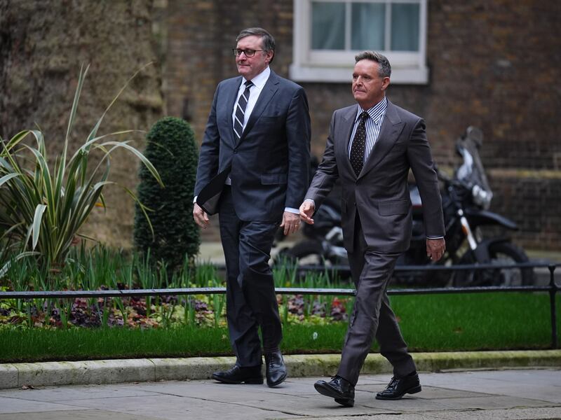 US special envoy to the UK Mark Burnett, right, and charges d’affaires Matthew Palmer arriving in Downing Street on Thursday