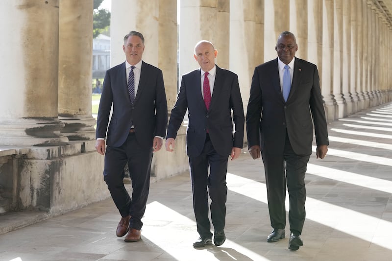 Australian Defence Minister Richard Marles, Defence Secretary John Healey, and US Secretary of Defence Lloyd Austin at Old Royal Naval College, Greenwich